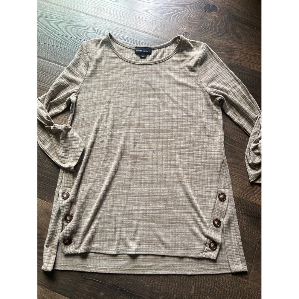 Fortune + Ivy Tunic Top Womens Small Brown Button Detail Long Sleeve